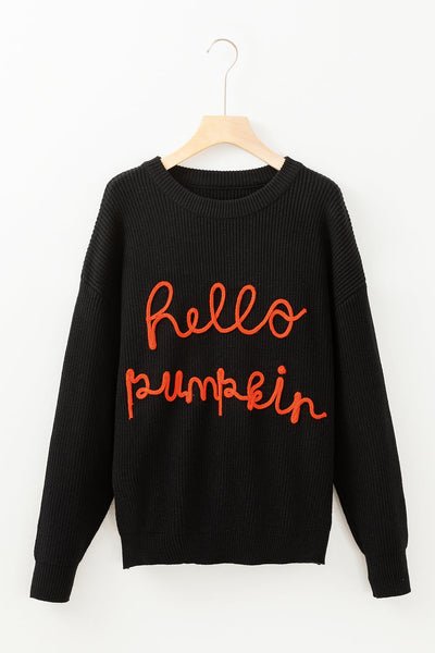 Cozy Women's Black Hello Pumpkin Graphic Sweater - Casual Fall Style for Halloween Celebrations and Everyday Wear