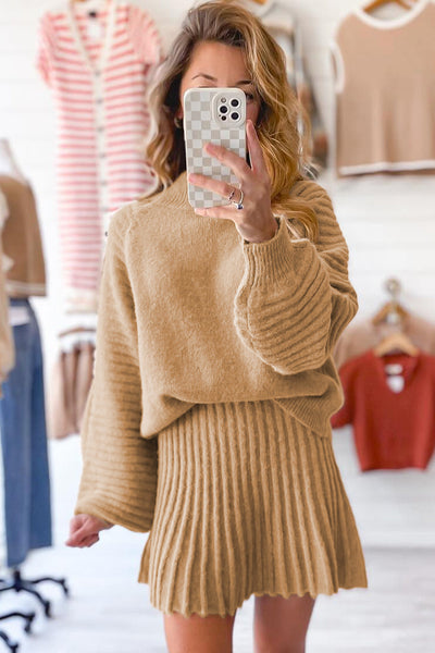 Cozy Women's Smoke Gray High Neck Puff Sleeve Sweater & Pleated Mini Skirt Set - Stylish 2-Piece Knit Outfit for Fall