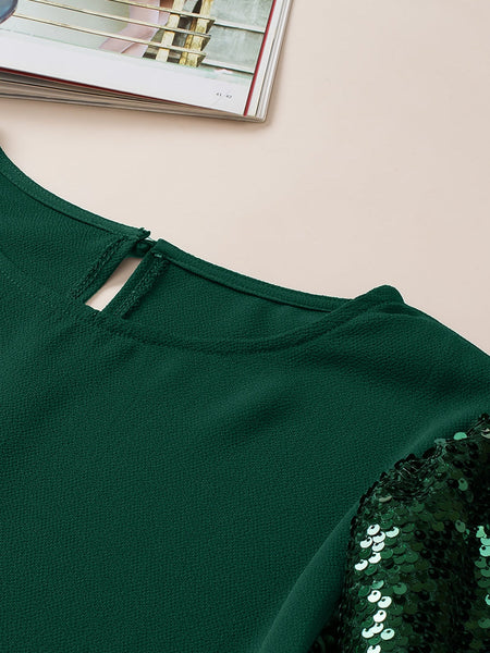 Blackish Green Plus Size Sequin Short Puff Sleeve Top