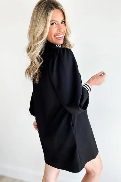 Trendy Women's Black Striped Patchwork Mini Dress with Zip Neck Long Sleeve Shift Style for Chic Casual Outings