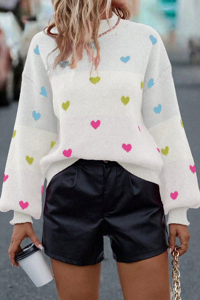 Cozy Women's Multicolor Heart Pattern Colorblock Knit Sweater - Chic High Neck Pullover for Casual Comfort