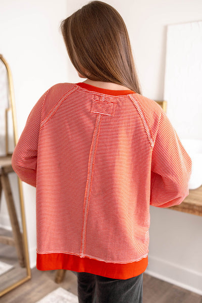 Women's Casual Orange Striped Knit Top with Ribbed Edges & Exposed Seams - Ideal for Everyday Style