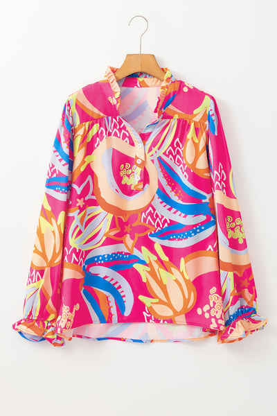 Chic Women's Pink Abstract Blouse with Ruffled Sleeves and Buttoned V-Neck for Effortless Style and Comfort