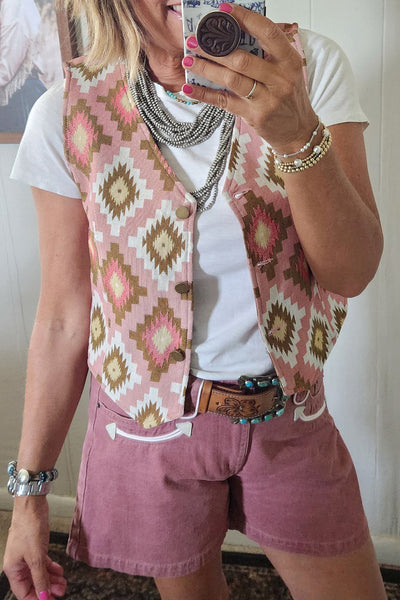 Trendy Women's Pink Aztec Print Cropped Vest - Boho Layering Essential for Spring and Summer Fashion