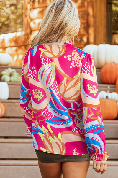 Chic Women's Pink Abstract Blouse with Ruffled Sleeves and Buttoned V-Neck for Effortless Style and Comfort
