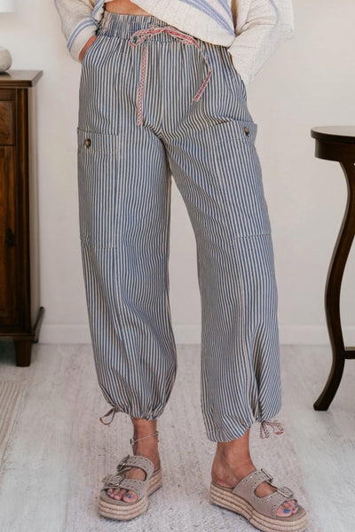 Women's Blue Ticking Stripe Wide-Leg Utility Jogger