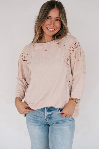 Apricot Pink Floral Lace T-Shirt for Women with Eyelet Patchwork and Bracelet Sleeves Stylish and Comfortable Top