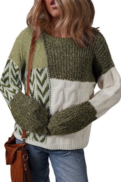 Cozy Women's Green Color Block Patchwork Sweater with Knotted Back - Relaxed Fit for Effortless Style
