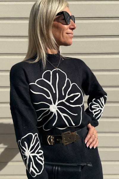 Chic Women's Black Floral Embroidered Mock Neck Mini Dress - Effortless Fall Style for Trendy Casual Looks