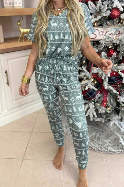 Women‚Äö Green Christmas Print V-Neck T-Shirt and Drawstring Pants Lounge Set for Cozy Holiday Comfort and Style