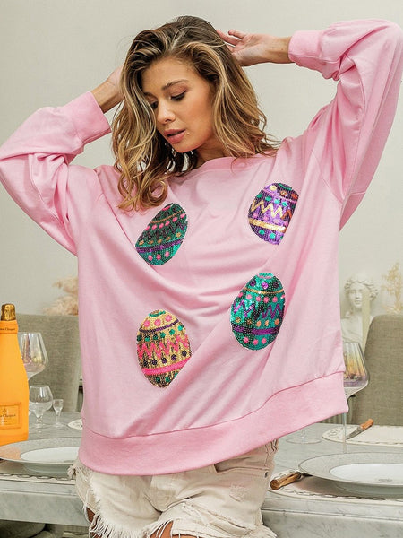 Sparkling Pink Easter Egg Drop Shoulder Oversized Sequin Sweatshirt