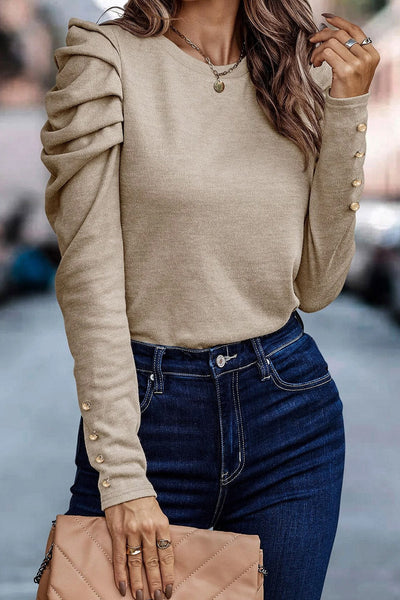 Stylish Women's Khaki Puff Sleeve Sheath Top with Button Detail - Comfortable Everyday Wear for Effortless Chic