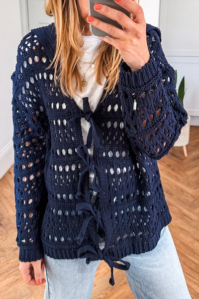 Women's Lightweight Navy Blue Crochet Tie Front Cardigan - Chic Knit Sweater for Casual Spring & Summer Outings