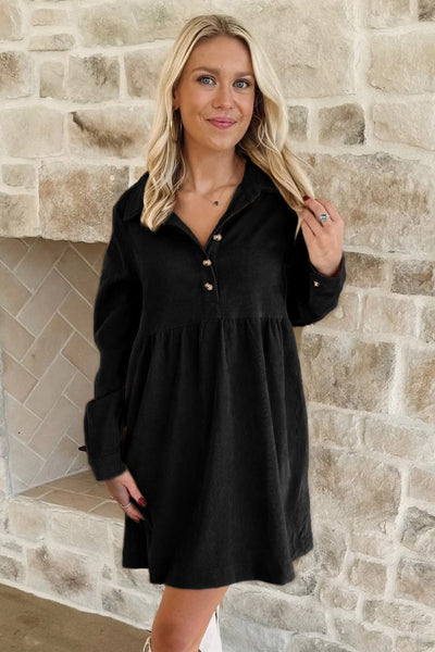 Stylish Women's Black Corduroy Mini Dress with Half Button Collar & Long Sleeves Versatile for Every Occasion