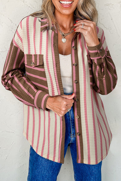 Trendy Women's Multicolor Striped Knit Shacket with Contrast Patchwork, Button Pockets, and Stylish Raw Hem