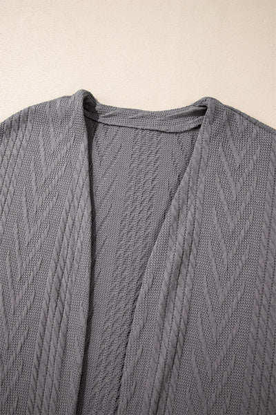 Cozy Women's Medium Grey Textured Open Front Cardigan with Pockets - Perfect for Everyday Style and Comfort