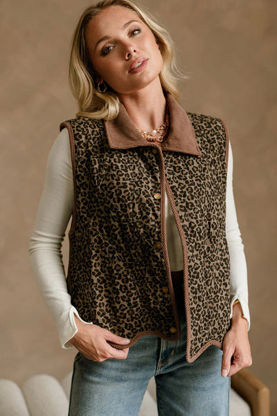 Women's Khaki Leopard Print Patchwork Vest with Corduroy Trim and Contrast Collar Stylish, Casual Layering Piece made for easy styling and wardrobe