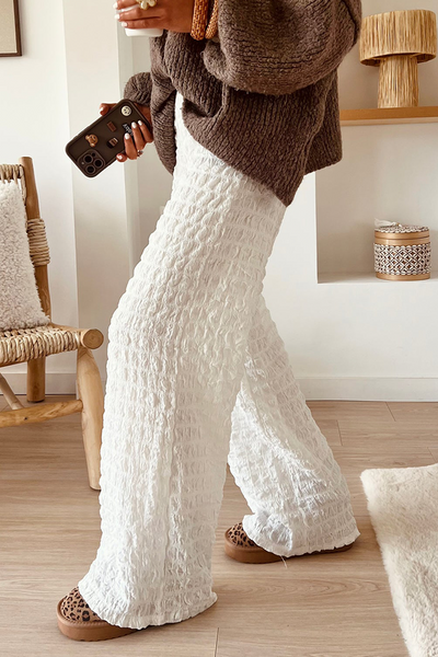 Chic Women's High Waist White Bubble Textured Straight-Leg Trousers for Effortless Casual Style and Comfort