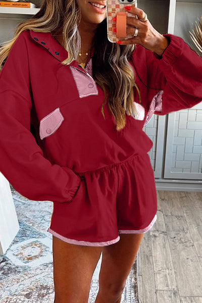 Cozy Women's Half Button Sweatshirt & Shorts Set in Soft Fabric - Casual Lounge Outfit for Relaxing & Outings