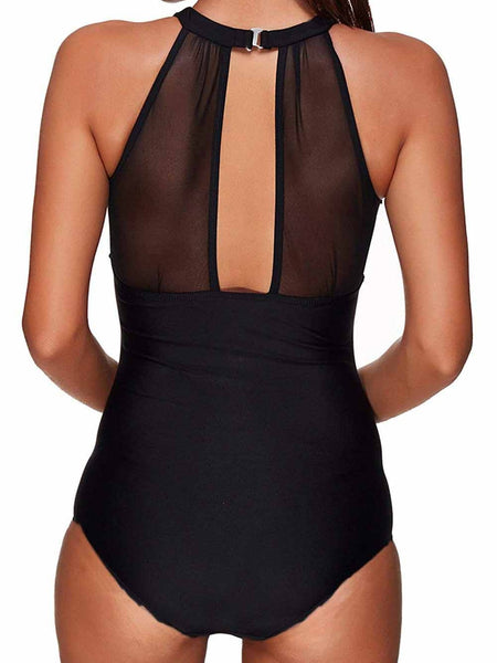 Women's Mesh Ruched Black High Neck Plunge Tankini Swimsuit