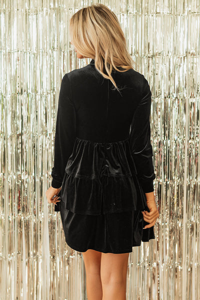 Chic Women's Black Velvet High Neck Mini Dress with Tiered Ruffles Ideal for Parties and Special Occasions