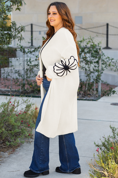Beige Flower Embroidered Women's Open Front Duster Cardigan with Drop Shoulders - Stylish and Comfortable Layering Piece