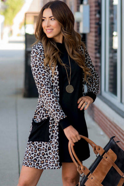 Cozy Women's Black Leopard Print Cardigan with Pockets - Chic Open Front Layering Piece for Effortless Style