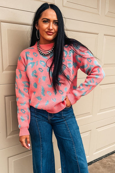 Trendy Women's Pink Leopard Print Drop Shoulder Sweater for Casual Comfort and Everyday Style