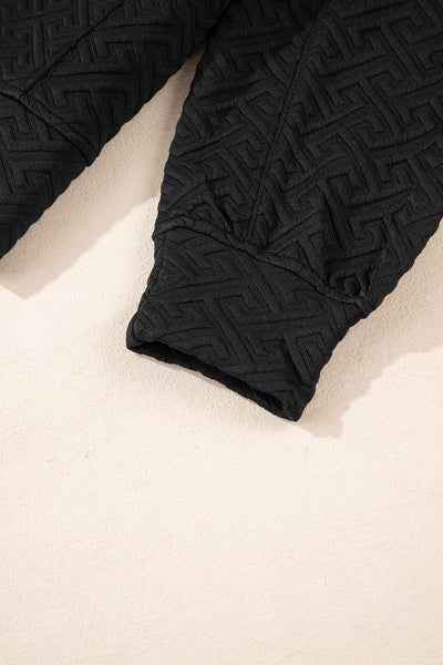 Chic Women's Black Textured Half-Zip Sweatshirt with Collared Neckline for Effortless Casual Style and Cozy Comfort