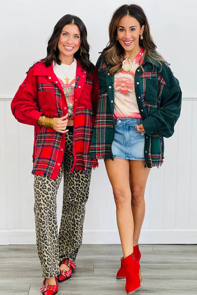 Women's Green Plaid Tweed Corduroy Shacket with Raw Hem - Trendy Overshirt for Casual Fall Looks and Layering made for easy styling and wardrobe
