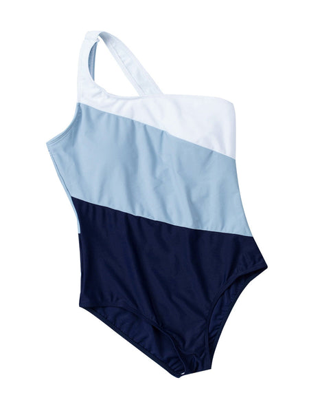 Sky Blue Color Block One Shoulder Backless Swimsuit for Women