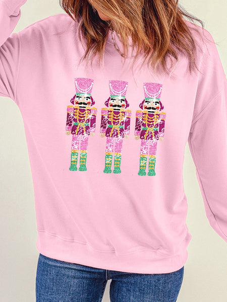 Neon Nutcracker Print Pink Sequin Christmas Crewneck Sweatshirt