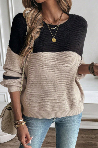Cozy Parchment Color Block Sweater for Women with Striped Sleeves Effortless Casual Chic Knitwear for Any Occasion