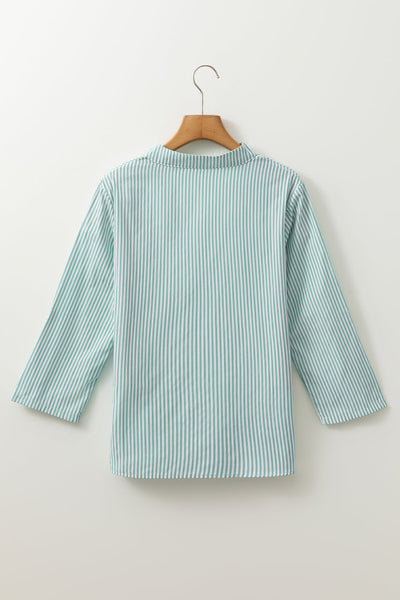 Women's Casual Green Striped V-Neck Shirt with Roll-Up Sleeves and Pocket - Perfect for Everyday Wear