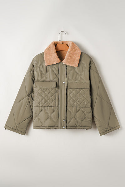 Women's Stylish Jungle Green Quilted Puffer Jacket with Cozy Teddy Collar and Functional Flap Pockets for Winter Wear