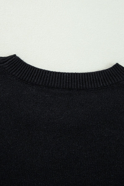 Cozy Women's Black Knitted Sweater with Ribbed Edges & Drop Shoulder - Stylish Pattern for Ultimate Comfort