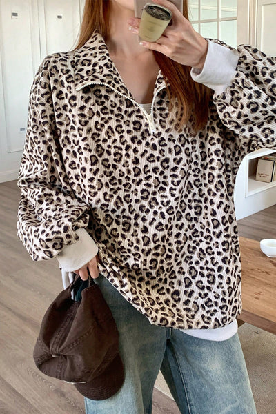 Women's Stylish Women's Beige Leopard Print Corduroy Sweatshirt - Cozy Quarter Zip for Casual Chic Comfort