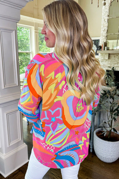 Chic Women's Pink Abstract Blouse with Ruffled Sleeves and Buttoned V-Neck for Effortless Style and Comfort