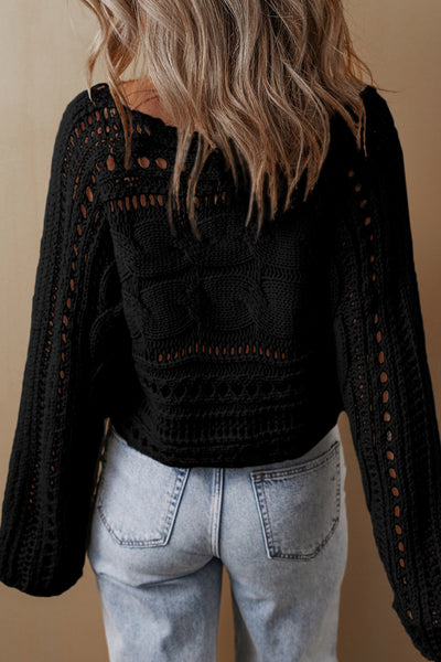 Chic Women's Black Cropped Hollow-Out Cable Knit Sweater - Lightweight Fall & Winter Fashion Essential