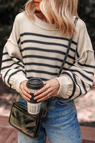 Cozy Women's Black Striped Puff Sleeve Sweater with Drop Shoulders - Trendy Ribbed Knitwear for Fall Fashion