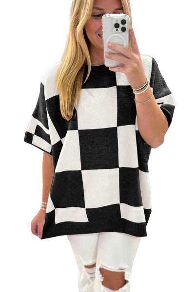 Cozy Chic Black Checkered Sweater for Women - Loose-Fit, Half Sleeve, Drop Shoulder, Perfect for Casual Outings