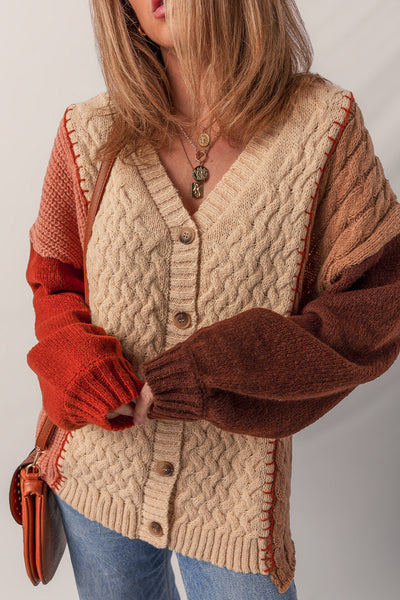 Cozy Women's Light Beige Color Block V-Neck Cardigan Sweater with Textured Fabric and Button Accents for Chic Comfort
