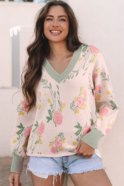 Women's Floral V-Neck Viscose Blend Knit Sweater in Soft Pink