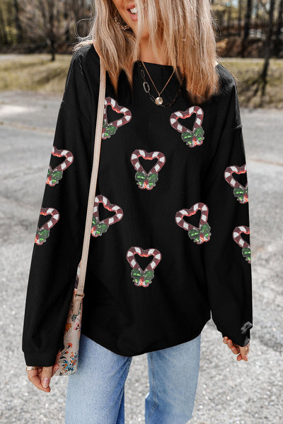 Women's Black Heart Candy Cane Sequin Fleece Sweatshirt