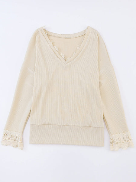 Women's Lace-Trimmed Ribbed V-Neck Blouse with Bell Sleeves