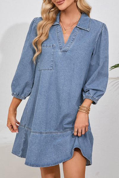 Stylish Women's Beau Blue Denim Dress with V-Neck, Collared Long Sleeves, and Chic Chest Pocket for Effortless Elegance