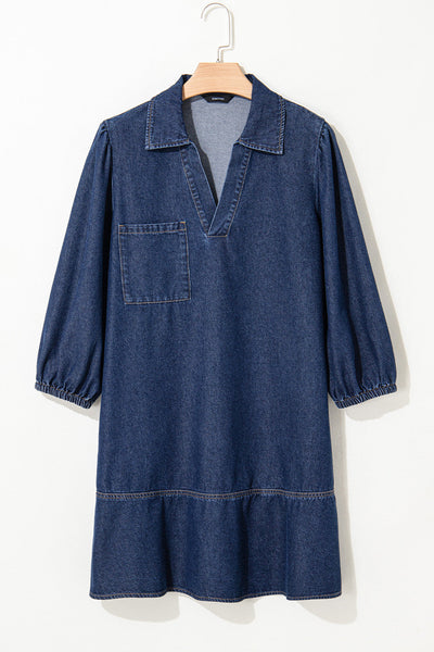 Women's Cotton-Blend Denim V-Neck Shift Dress with Tiered Hem
