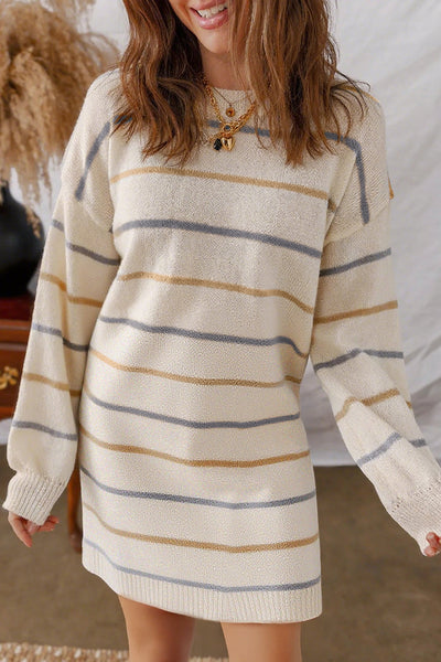 Women's Cozy Multicolor Striped Shift Mini Dress - Effortless Drop Shoulder Style for Chic Everyday Wear