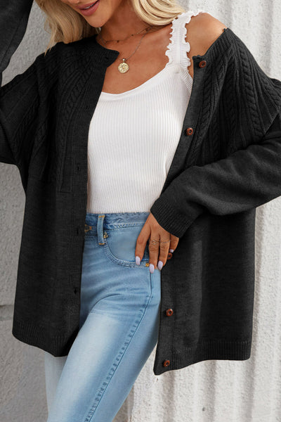 Women's Black Textured Cable Knit Cardigan with Wooden Buttons