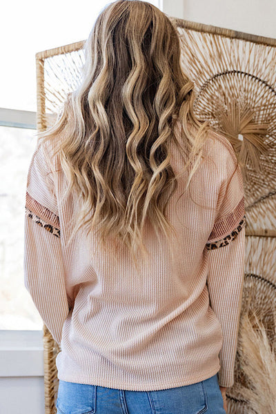 Chic Women‚Äôs Beige Ribbed Leopard Color Block Long Sleeve Top with Drop Shoulder for Trendy Casual Style